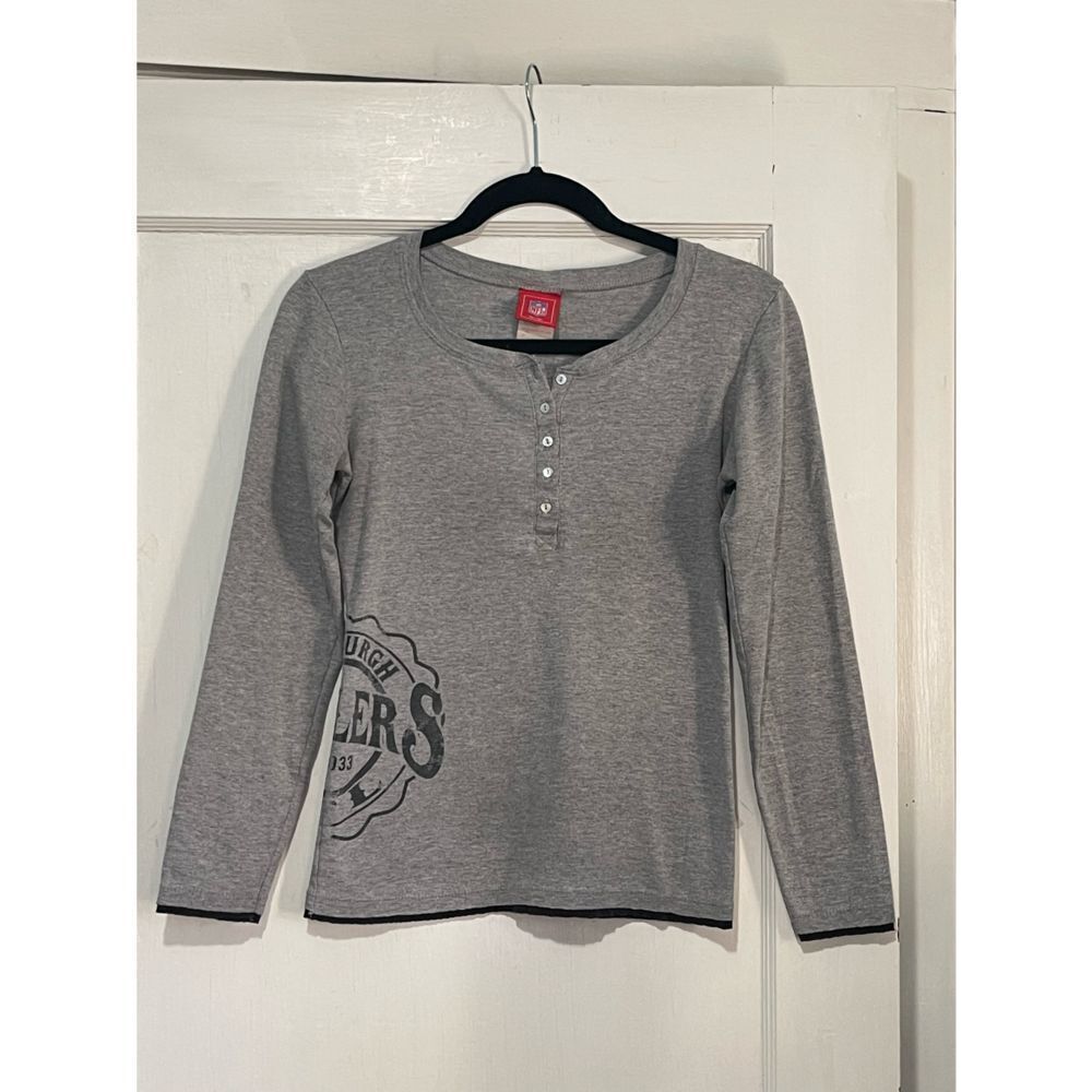 NFL For Her Women's Steelers Henley Long Sleeve T-Shirt Top Gray Size S